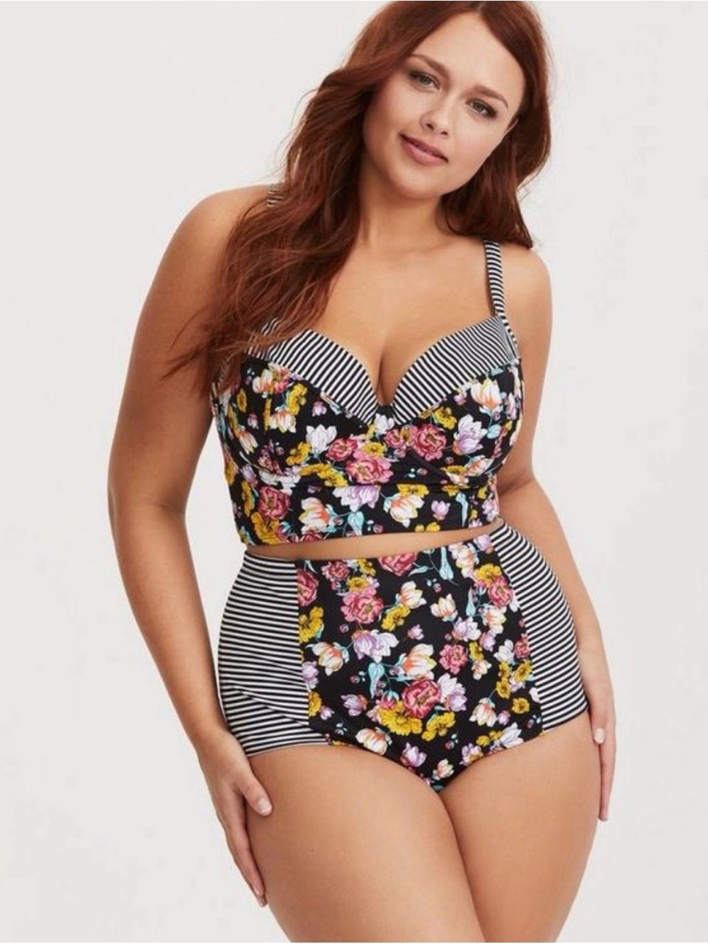 Floral & Stripe High-Waist Bikini top - Black Base